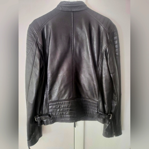 Men’s Black Leather Crew Neck Biker Jacket - Picture 6 of 13